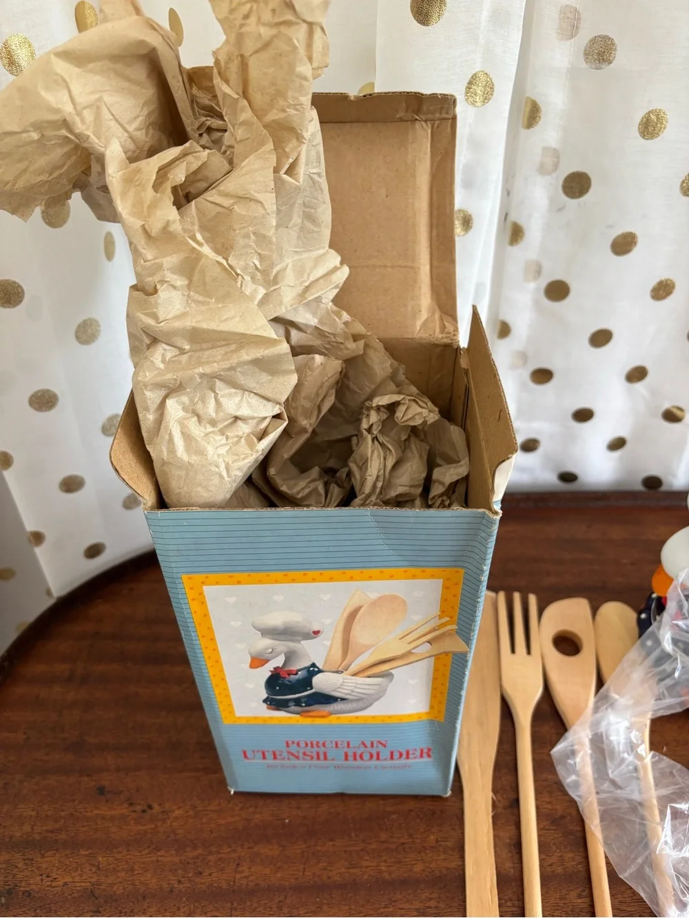 Vintage Giftco ceramic Goose Utensil/Potpourri Holder 80s NIB Polka Dots Hearts